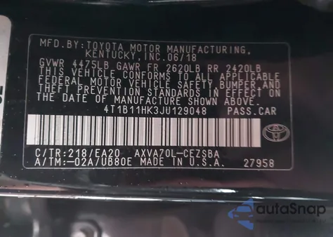 2018 Toyota Camry Se z USA, uszkodzony, nr VIN 4T1B11HK3JU129048
